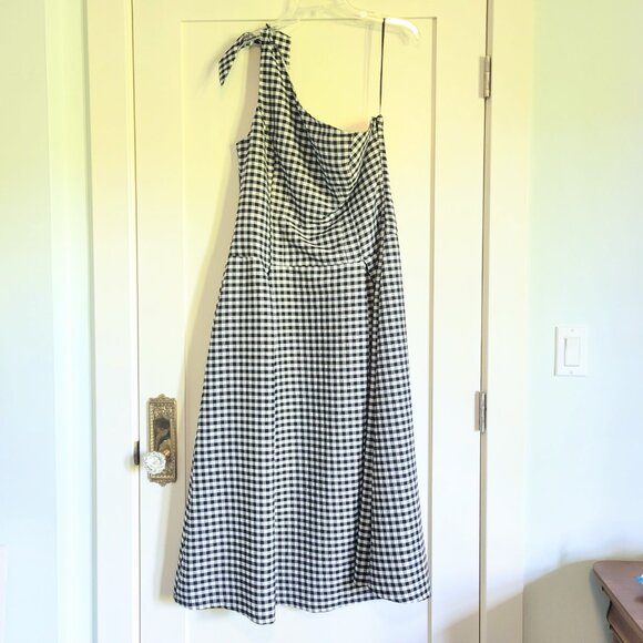 Donating 2/22 NWT [By Anthropologie] One-Shoulder Gingham Midi Dress - Picture 4 of 12
